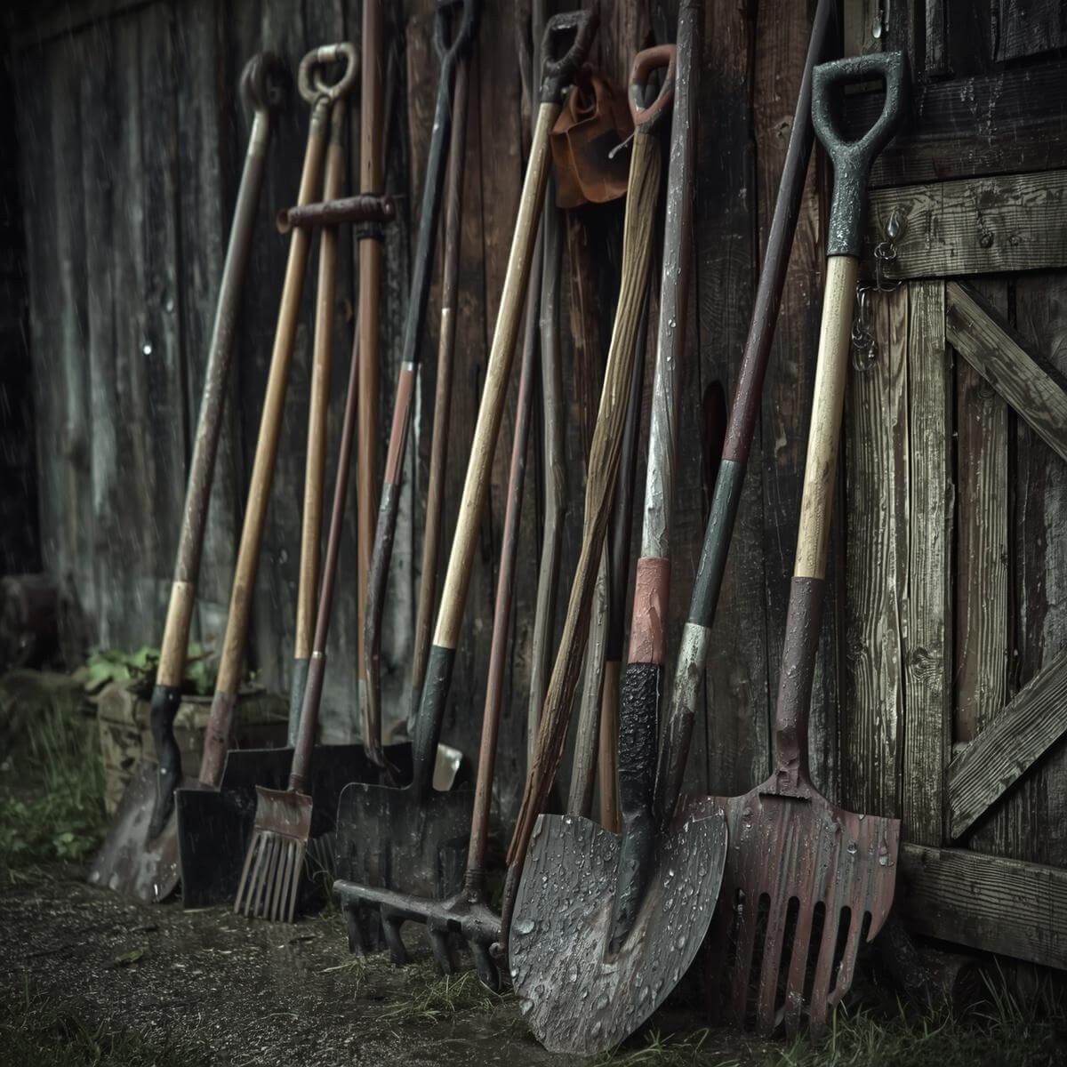 Set of gardening tools leaning against a wooden shed wall