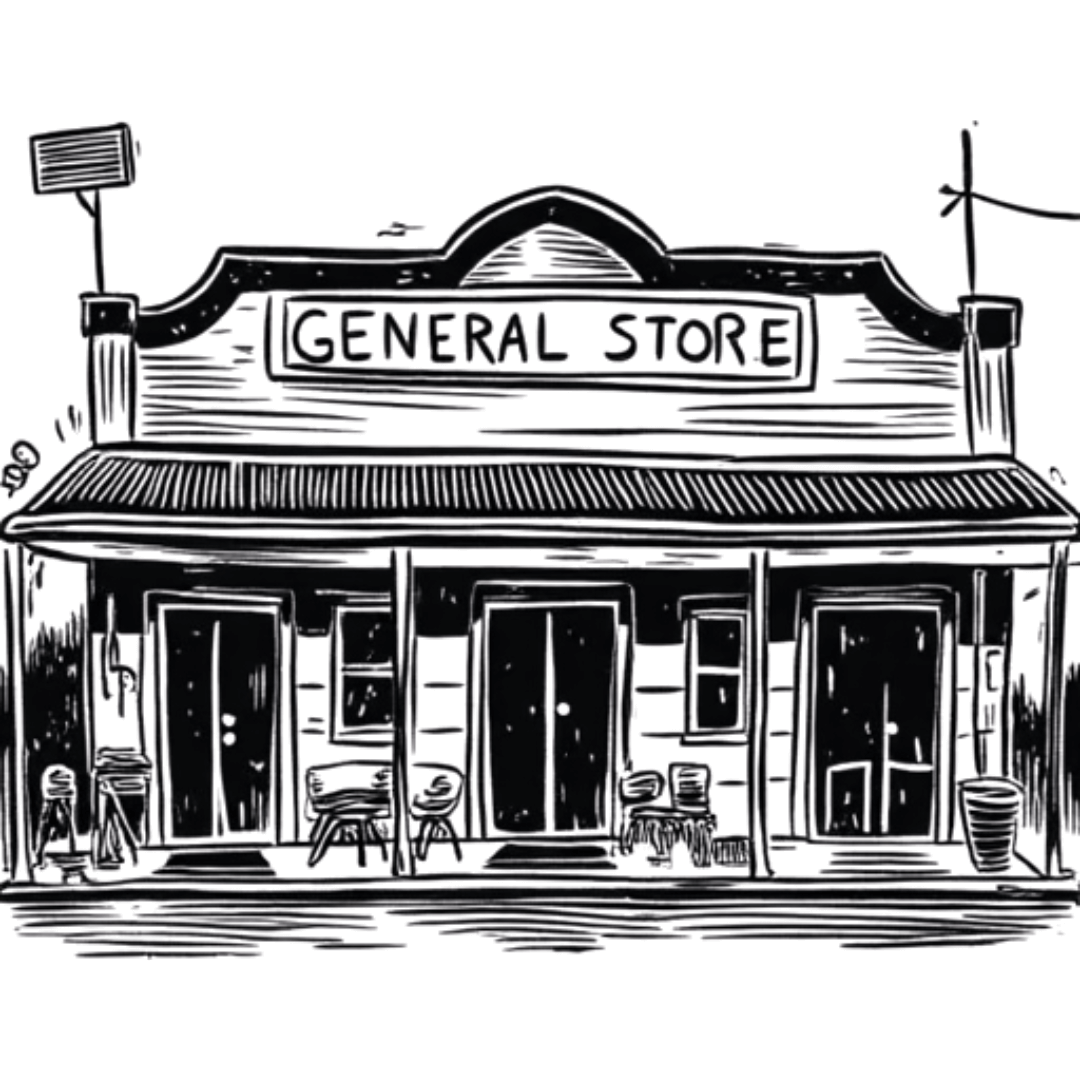 Linograph image of a General Store (AI generated)