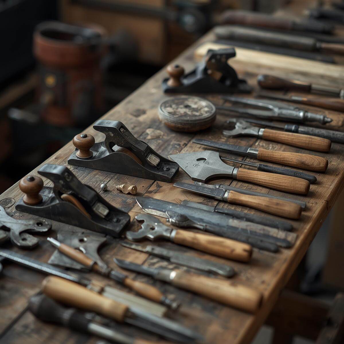 A workbench with a range of trade tools on display